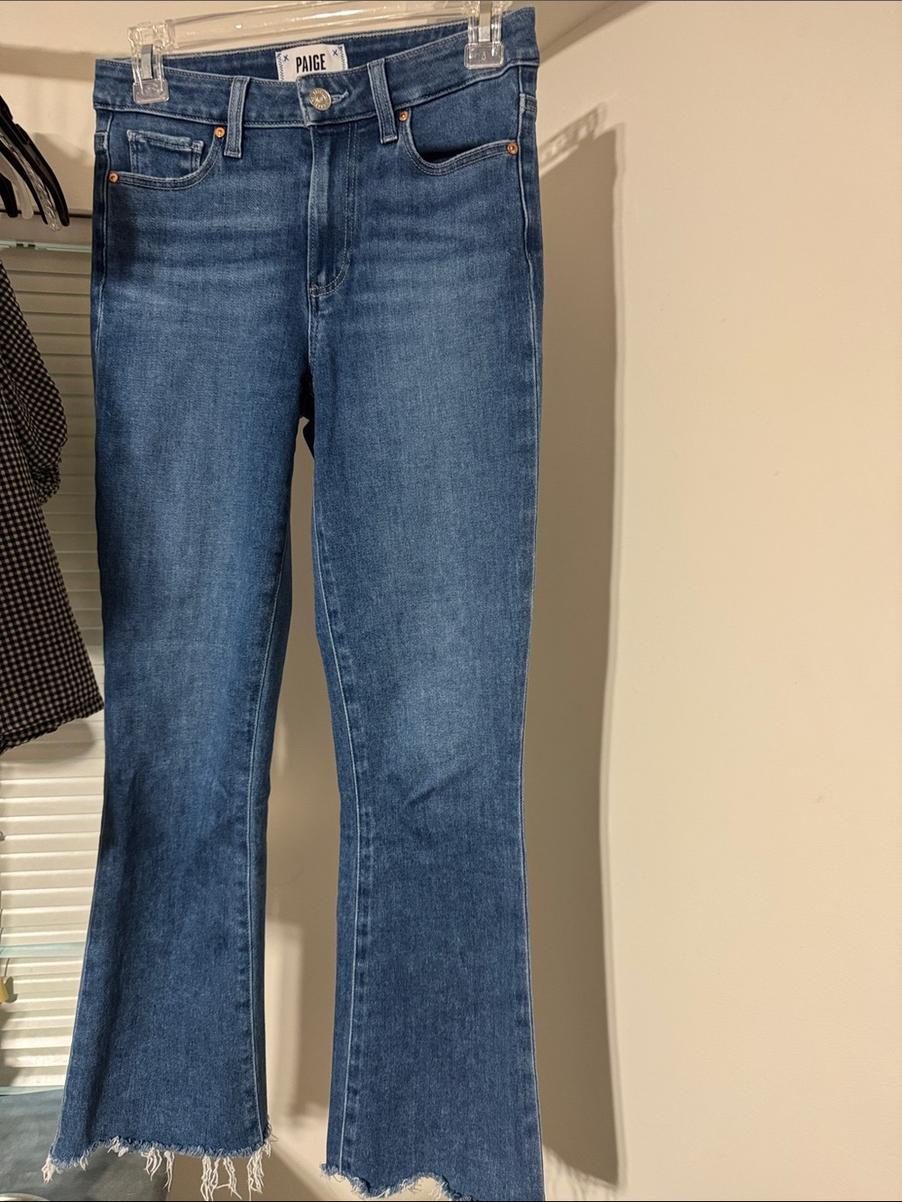 PAIGE Mid-Rise Blue Flare Jeans with Raw Hem